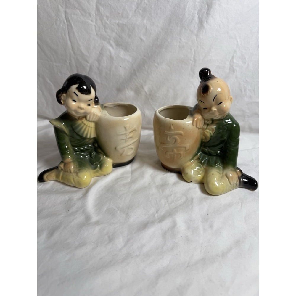 Vintage Royal Copley Asian Boy Girl Figural Planter Pair Mid Century Ceramic